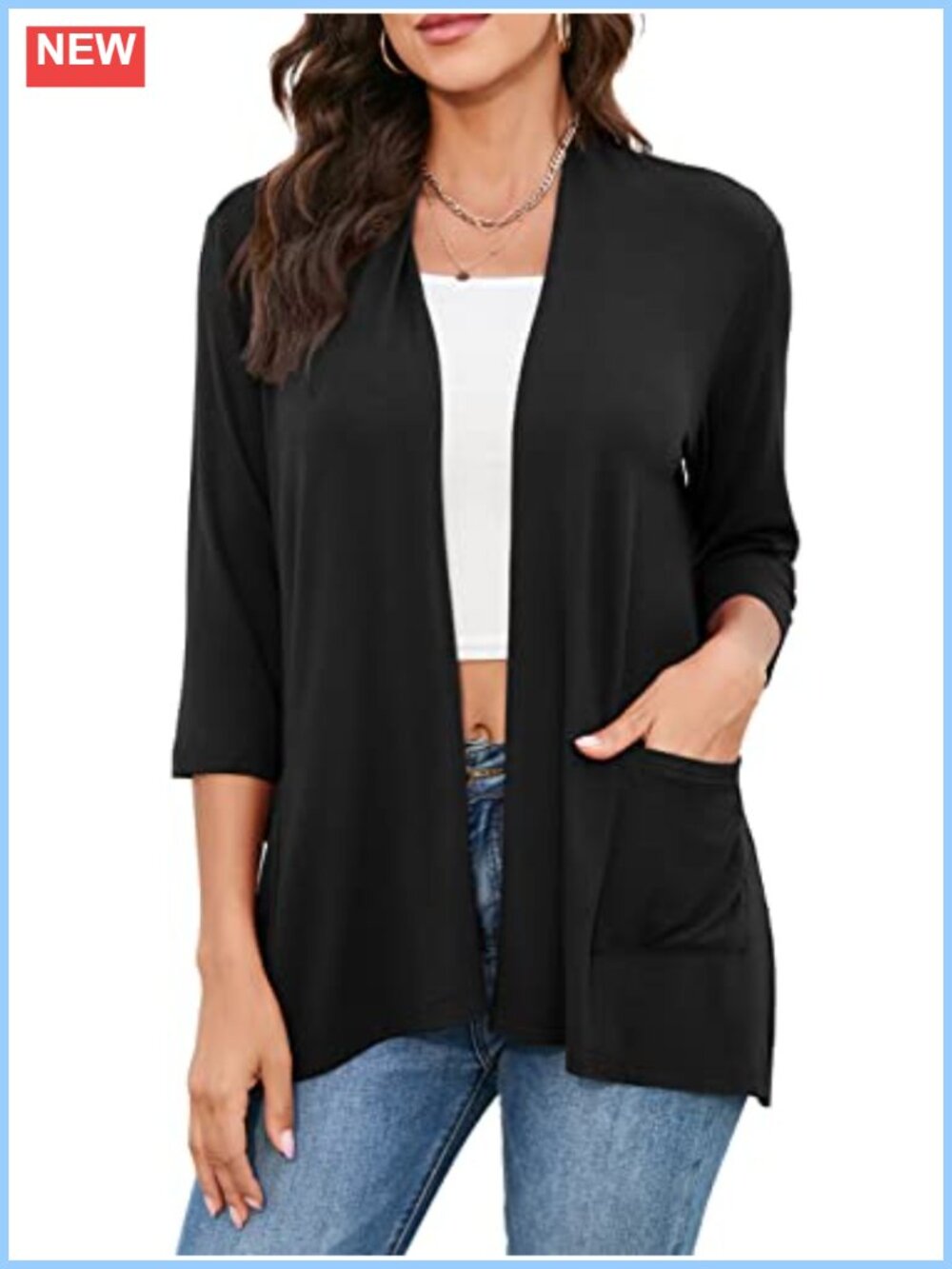 Lightweight Open Front Cardigan with Pockets 3/4 Sleeve Duster